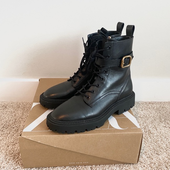 ZARA Black Leather Combat Boot Lace + Buckle Closure Size EU 38 [2177-811-040] - Picture 4 of 12